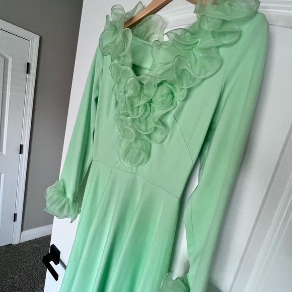 Vintage mint green dramatic chiffon ruffle maxi dress evening cocktail - Picture 7 of 8